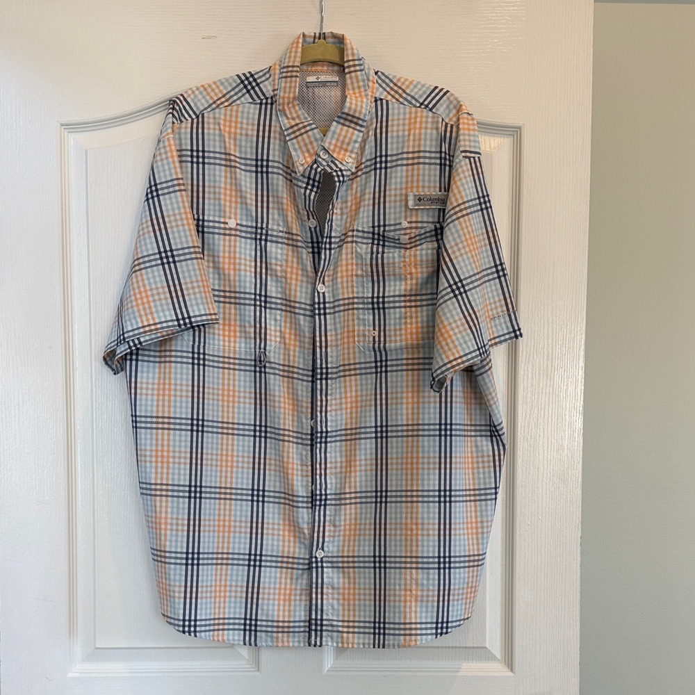 Columbia Men's Casual Plaid Shirt in Orange and Blue